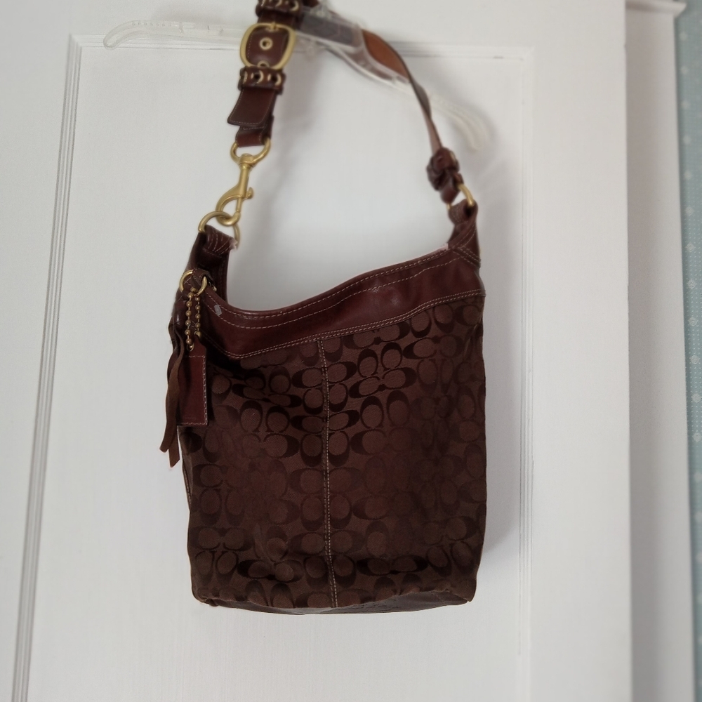 Coach Brown Signature Bucket Bag Hippie boho wide leather handle belt buckle